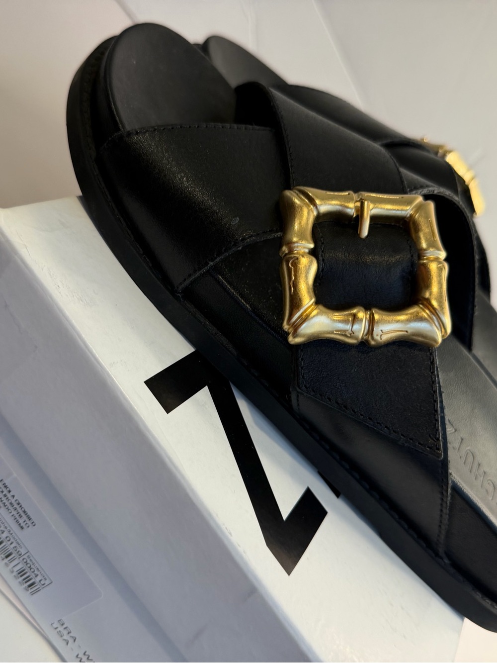 Schutz Ebola Black Leather Slide Sandals with Gold Bamboo Buckle size 8 - Picture 4 of 12